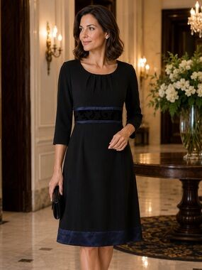 Ports International Black Wool Blend Fit & Flare Dress Navy Silk Trim Size 4